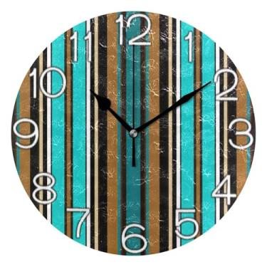 Imagem de GAIGEO Relógio de parede analógico decorativo operado por bateria relógio de sala de aula, relógio de escritório retrô moderno art déco decoração de parede chique vertical listrado, turquesa, 25 cm