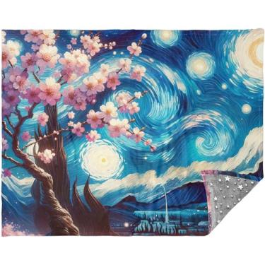 Imagem de Cobertores de flor de cerejeira de noite estrelada para sofá xadrez cobertores de sofá para mulheres e homens 177,8 cm x 139,7 cm cobertor macio personalizado elegante