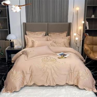 Imagem de Jogo de Cama com Bordado de Penas Douradas em Algodão, Capa de Edredom Dupla, Lençol e Fronhas, Cor Cáqui Dourado, Tamanho King (4 peças)