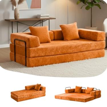 Imagem de Sofá-cama conversível, sofá-cama de 196 cm tamanho casal com apoios de braço em forma de L, sofás-cama queen size para sala de estar pequena para sala de estar, quarto, chenille, laranja