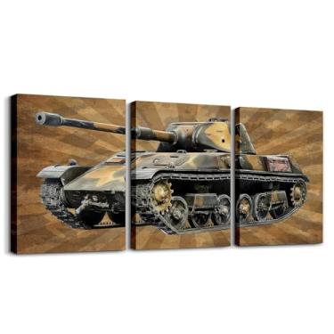 Imagem de jejeloiu Tanque retrô 3 peças arte de parede em tela para sala de estar 96.5 cm x 48.3 cm vintage camuflagem militar imagem decoração de parede para banheiro meninos homens guerra escritório arte