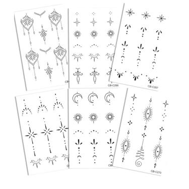 Imagem de 6 peças de tatuagens minimalistas semipermanentes de suco de ervas, estrela, lua, geométrico, símbolo, padrão, não reflexivo, clavícula, braço, ombro, pescoço, perna, ombro, pescoço, corpo, adesivo de