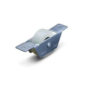 Imagem de Roldana em Nylon 1 1/2" Lisa com Suporte Aberto e Rolamento, Acabamento Zinco Branco, 106mm, para Portão Deslizante