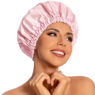 Imagem de Touca de banho reutilizável para mulheres, grande touca de banho impermeável lavável faixa elástica chapéu de cabelo para cabelo longo, tranças (rosa)