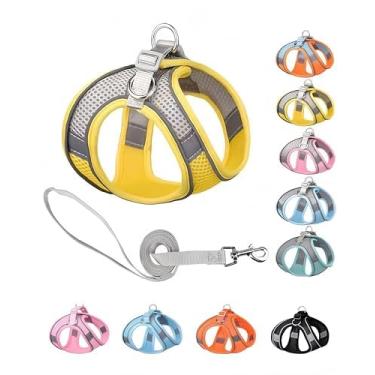 Imagem de Peitoral refletivo para cães – malha respirável, corda de reboque de 1,8 m, colete acolchoado macio para cães e gatos pequenos a médios, lavável na máquina, PP, amarelo-cinza
