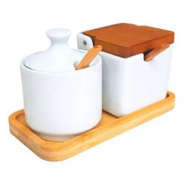 Imagem de Kit Saleiro e Açucareiro Porcelana Branca Com Colher e Base De Bambu 2