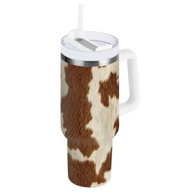 Imagem de SEHANY Copo de vaca marrom e branco de 850 g com alça, copo isolado de aço inoxidável a vácuo de parede dupla, à prova de vazamento, caneca de café isolada para viagem cabe no suporte de copo de carro