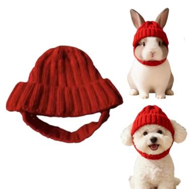 Imagem de Chapéu de coelho de estimação, chapéu vermelho de cachorro, capuz de malha quente à prova de vento, capuz fofo de férias, adequado para coelhos, filhotes, gatinhos, furões, esquilos e outros animais