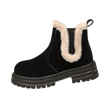Imagem de Botas femininas forradas com lã, bico redondo, salto baixo, botas curtas para uso casual no inverno, Preto, 38