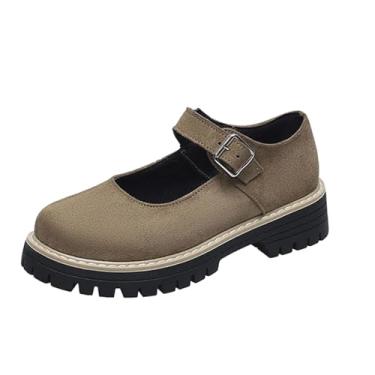 Imagem de Mocassins Femininos Casuais com Salto Bloco Acabamento Camurça Bico Redondo Sapatos de Salto Médio para Roupas Relaxadas e Diárias, Caqui, 35