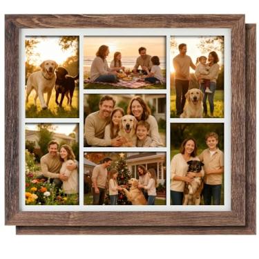 Imagem de DoubleFill 2 porta-retratos 10 x 15 cm para decoração de parede, várias molduras de colagem de fotos de madeira com vidro temperado, 7 aberturas, para exibição de imagem de família na parede (marrom)