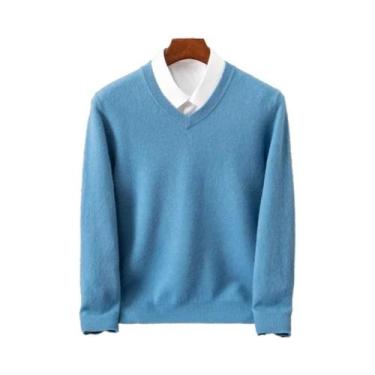 Imagem de Suéter Masculino De Lã Merino 100% Cashmere Com Decote Em V, Manga Lon