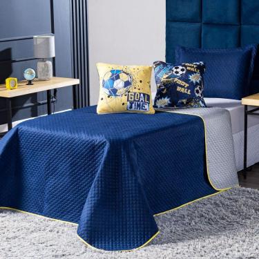 Imagem de Kit Cobre Leito Futebol Goal Azul Marinho/cinza Dupla Face C/ Almofadas Solteiro 04 Peças