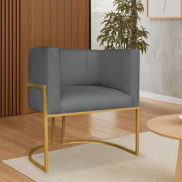 Imagem de Poltrona Dália Luxo Moderna Estofada Design Sofisticado Com Base De Ferro Dourado Suede Cinza