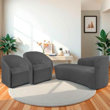 Imagem de Kit Sofá Curvo França 140cm L.e E 2 Poltronas Luiza Max Conforto, Elegância E Design Moderno Linho Cinza Escuro
