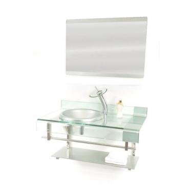 Imagem de Gabinete de vidro para banheiro inox 90cm curvado duplo com torneira c