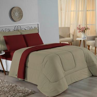 Imagem de Kit Edredom Dupla Face + Jogo De Lençol King Nobre 7 Peças Malha 100% Algodão - Avelã / Vinho