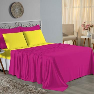 Imagem de Jogo De Cama King Nobre 4 Peças Lençol Com Elástico De 30cm De Altura Malha 100% Algodão - Pink / Amarelo