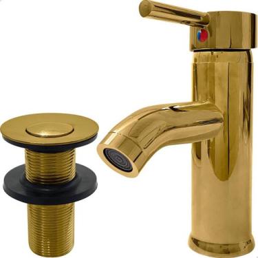 Imagem de Kit Banheiro Torneira Dourada Monocomando Agua Quente Fria Bica Baixa 