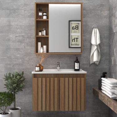 Imagem de Armário de Banheiro Alpes 60 Cm 3 Portas 100% Mdf Ripado com Espelho Noce - Belizze Móveis