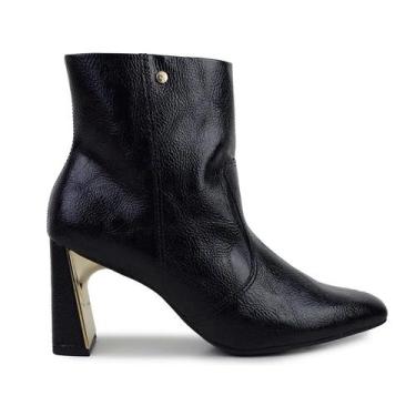 Imagem de Bota Cano Curto Ramarim Salto Bloco Alto 2560101 Preto Dourado, 35, Pr