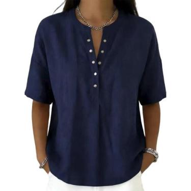 Imagem de Camisa feminina casual de linho e algodão com gola Henley - Hongfuda