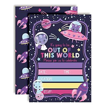 Imagem de Fora deste mundo Convites de festa de aniversário temáticos de gatos fofos no espaço, 20 cartões de preenchimento de 12,7 cm x 17,7 cm com vinte envelopes brancos da AmandaCreation