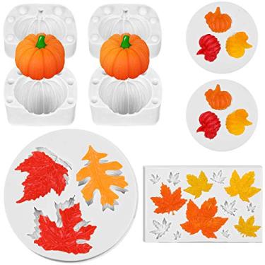 Imagem de 6 Peças de Abóbora Maple Folhas Fondante Molde de Outono Ação de Graças Tema de Silicone Molde Mini 3D Pumpkin Maple Folhas Molde para fazer cupcake Chocolate Cookie Decoração de Bolo Fondante