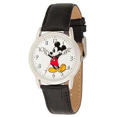 Imagem de Disney Relógio com pulseira de couro de quartzo analógico e ponteiros articulados Mickey Mouse, Preto