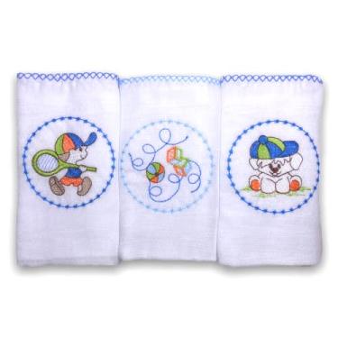 Imagem de Kit 3 Fraldas De Pano para Bebê Bordada Diversão Azul (Cachorro, Brinquedo e Menino)