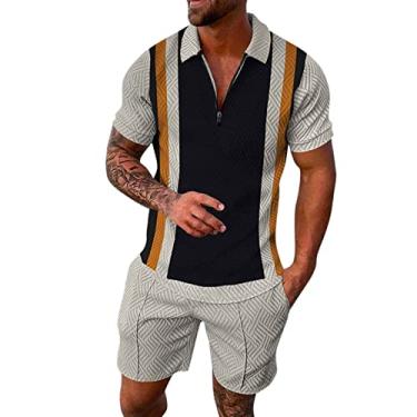 Imagem de Conjunto masculino de 2 peças, conjunto de camisa polo de manga curta e shorts para férias de verão para homens, C#_cáqui, GG