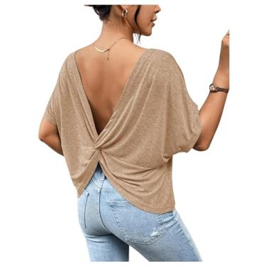 Imagem de RoseSeek Camiseta feminina grande, costas nuas, nó torcido, manga curta, gola redonda, bainha assimétrica, Caqui, M