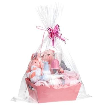 Imagem de Conjunto de 6 cestas vazias para presentes – Kit de cesta de presente Kraft resistente com laços de celofane para chás de bebê, presentes de aniversário da mãe da família, embrulho de celebração de