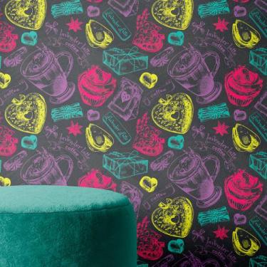 Imagem de Papel de Parede Café Preto com Rabiscos Coloridos Autocolante - PAPELE