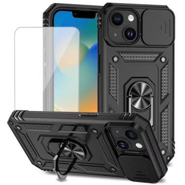 Imagem de Yodueiv Capa para iPhone 15 Plus de 6,7 polegadas, capa para Apple 15 Plus com protetor de tela de vidro temperado e capa de câmera deslizante, anel magnético para carro, capa protetora para Apple