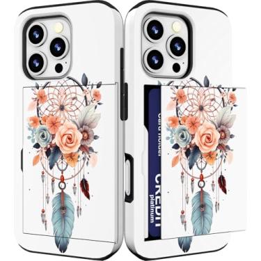 Imagem de IWONE Capa compatível com iPhone 16 Pro fofa com porta-cartões à prova de choque Slim Slot Phone 16 Pro capa carteira para mulheres/apanhador de sonhos flor pena feminina