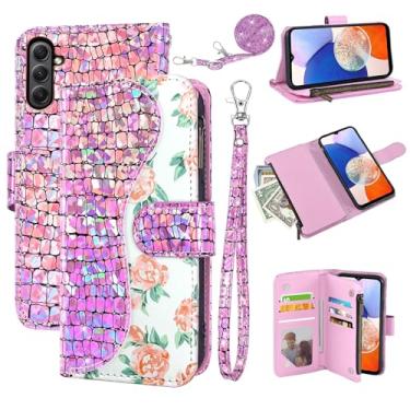Imagem de Dibosom Capa carteira floral para Samsung Galaxy A14/M14 5G com alça de pulso alça de ombro flip zíper bolsa porta-cartão, suporte brilhante brilhante para celular A 14 4G 14 A 14 M G5 rosa