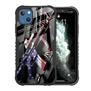 Imagem de LANJINDENG Capa compatível com iPhone 15 EUA arma metralhadora design legal para homens meninos, corpo inteiro, robusto, à prova de choque, antiarranhões, capa de proteção contra quedas de policarbonato rígido TPU para iPhone 15