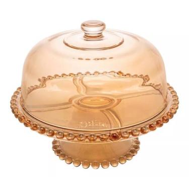 Imagem de Prato Para Bolo Cristal Com Pé E Tampa Pearl Âmbar 31x25cm - Rojemac