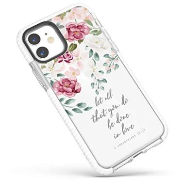 Imagem de Capa compatível com iPhone 11, padrão de rosas vermelhas e rosas inspiradoras versículos bíblicos citações cristãs Corinthians 16:14 capa protetora macia com design transparente para meninas e