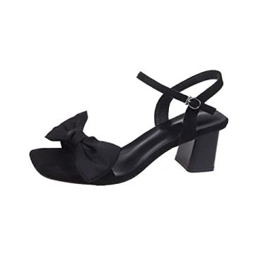 Imagem de Sapatos femininos de salto alto sandálias para mulheres moda festa sapatos casuais senhoras chinelos de dedo quadrado(Black,35EU)