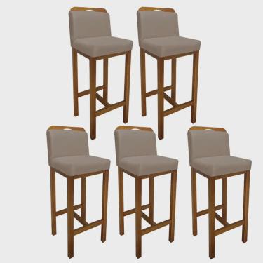 Imagem de Kit 05 Banqueta Alta Com Encosto Zion Cozinha Balcão Bistrô Base Madeira Castanho Corino Bege - Ahz Móveis