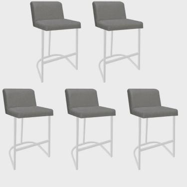 Imagem de Kit 05 Banquetas Com Encosto Noah Luxo Confort Bistrô Cozinha Ferro Branco Linho Cinza - Ahazzo Móveis
