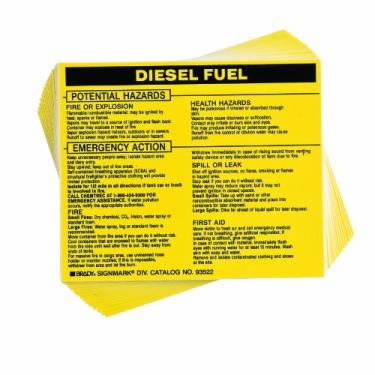Imagem de Brady 93522, Etiqueta do material perigoso: Ponto 5800.4-1987, 9,5 cm de altura x 11,5 cm de largura, preto em amarelo, legenda "Diesel Fuel" (25 por embalagem)