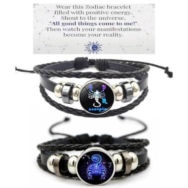 Imagem de HWJQ 2 peças de pulseiras de couro do zodíaco em camadas, pulseira de constelação para mulheres e homens, pulseira de espírito de signo do zodíaco trançado, dia das mães, aniversário, joia BFF, Middle