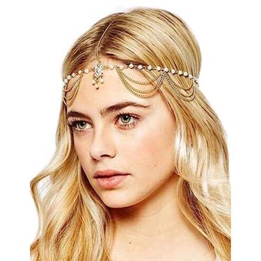 Imagem de Chargances Corrente feminina de cabeça de cristal de strass dourado acessório de cabelo para casamento acessório de cabelo indiano, bijuteria egípcia, faixa de cabeça de dança do ventre ou tiara de