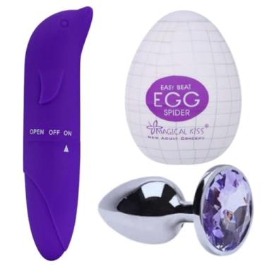 Imagem de Kit Vibrador Golfinho Feminino Ponto G + Masturbador Masculino Ovo Egg + Plugue Anal - Sex Shop Casal (Roxo, Plug M)