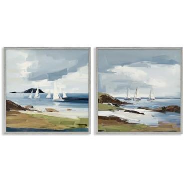 Imagem de Stupell Industries Conjunto de arte giclée emoldurado cinza Nautical Sea Vessels Beach View 2 peças por Elara Yasna, 30,5 x 30,5 cm
