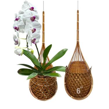 Imagem de PANWA 100% tecido de bambu tailandês feito à mão ~ 15,24 cm Super Santuário para pendurar orquídea conjunto de 2 ganchos de plantas multiuso estilo ninho de pássaro para treliça gazebo para plantador de flores em ambientes internos/externos marrom natural