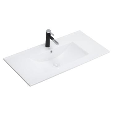 Imagem de Flyshop Pia retangular de casa de banho branca com orifício único para chave, bancada acima do balcão, lavatório de cerâmica de porcelana, lavatório de trocador, 36 polegadas de comprimento, 18,3